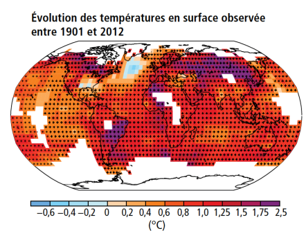 Évolution des températures en surface observée entre 1901 et 2012